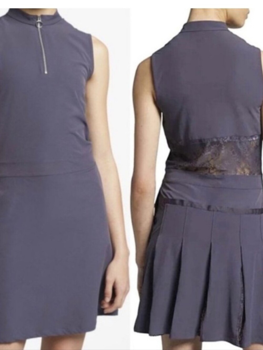 NIKE DRI-FIT Sleeveless Dark Grey Zip-Front Dress: Lace Back, Sides, Bottom Back